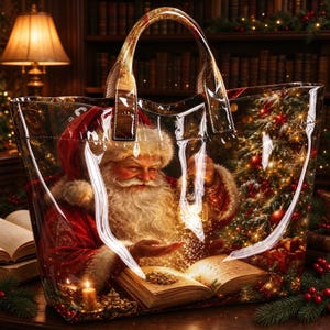 May include: A clear tote bag featuring a printed image of Santa Claus with a white beard and red suit, holding a lantern over an open book. The design includes a decorated Christmas tree, glowing lights, and festive holiday elements.