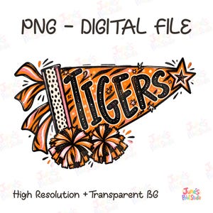 May include: A digital graphic file featuring an orange pennant with the word TIGERS in black, stylized lettering. The pennant includes black tiger stripes, polka dots, and a star. Two orange and black pom-poms are positioned at the base.
