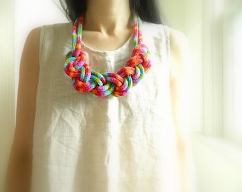 Colorful necklace Knit Necklace Statement Necklace Mother Gift Bib Necklace Big Knot Necklace Chunky Necklace Nautical Necklace fiber