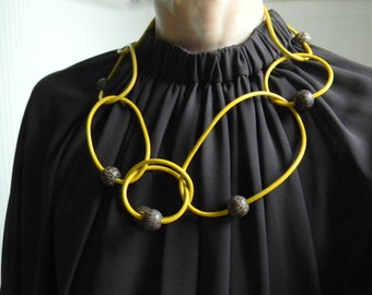 Contemporary Mustard Yellow Leather Necklace Geometric Necklace Modern Necklace Bib Necklace Natural Wood Necklace Avant Garde Necklace