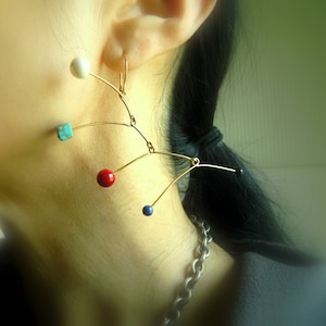 Brass Mobile Earrings: Geometric Multi-Stone Kinetic Jewelry