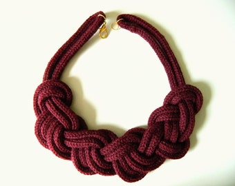 Knit necklace Statement Necklace Fabric Big Knot necklace Maroon Bib necklace Knitted Accessory Big Chunky Necklace Nautical Necklace Gift