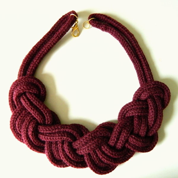 Knit necklace Statement Necklace Fabric Big Knot necklace Maroon Bib necklace Knitted Accessory Big Chunky Necklace Nautical Necklace Gift