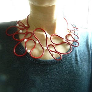 Contemporary Necklace Red Pearl Leather necklace for Woman Abstract necklace Bib necklace Choker Necklace modern Necklace wife gift for her image 6