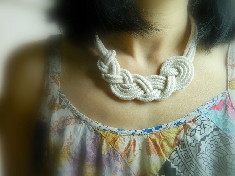 Cotton Anniversary gift Fiber necklace Asymmetrical knot necklace Cotton Rope necklace Nautical Necklace bib necklace natural necklace image 4