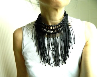 Black Macrame Necklace Party Jewelry Statement Necklace Bib Necklace Fiber Necklace Big Bold Necklace Avant Garde Necklace Modern Necklace