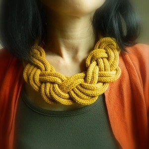 Mustard Knit Statement Necklace: Chunky Wool Blend Nautical Knot