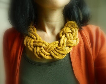 Statement Necklace Fabric Knit necklace Big Knot necklace bib necklace Mustard Accessory Big Chunky Necklace Wool Nautical Necklace