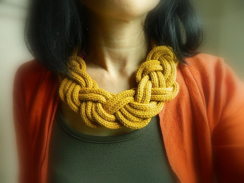 Statement Necklace Fabric Knit necklace Big Knot necklace bib necklace Mustard Accessory Big Chunky Necklace Wool Nautical Necklace image 1