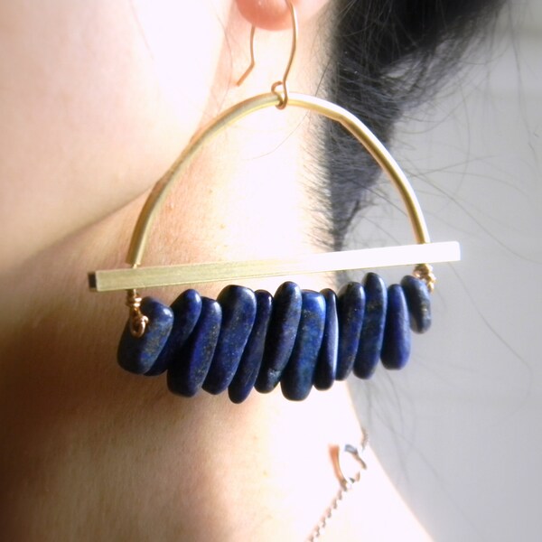 Contemporary Earrings Extra Large Earrings Blue stone Boho Earrings Semicircle Geometric Earrings Brass Earrings Drop Earrings Gift for Her