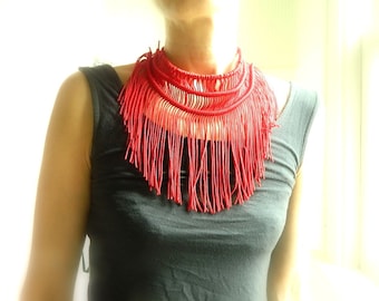 Red Statement Necklace Bib Necklace Fiber Necklace Big Bold Necklace Macrame Necklace Party Jewelry Avant Garde Necklace Modern Necklace