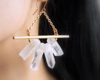 Boho Quartz Earrings: Brass Geometric Dangle Earrings