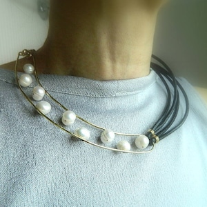 Black Leather Bib Necklace: Brass, Freshwater Pearl Statement Jewelry