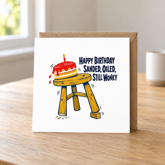 An actual small piece of sanded and oiled wood *is* the greeting card — the "still wonky" joke is built into the medium itself, making it a joke you can hold.