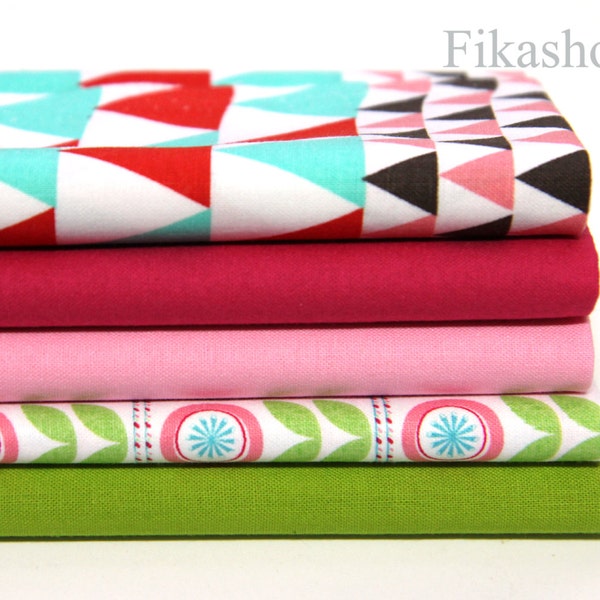 SALE: 5 Fat quarters Bundles - Light Pink, Cherry Pink, Triangles,  Bebe Eco & Olive Green by Gage 100% Cotton - Fikashop