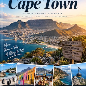 Pode incluir: Um guia de viagem de 50 páginas intitulado First-Timer's Guide for Visiting Cape Town. A capa apresenta uma vista panorâmica da Table Mountain, uma placa de madeira com texto e cinco fotos pequenas mostrando praias, cultura e comida.