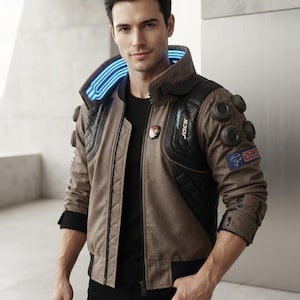 Chaqueta Cyberpunk Samurai V, Bomber Cyberpunk 2077, Cuello LED, Logotipo Samurai Demon Bordado, Cosplay de Piel de Oveja