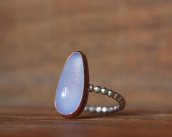 8.5 (9) blue chalcedony ring | recycled sterling silver + raw copper | one of a kind two tone gemstone ring | round bead wire