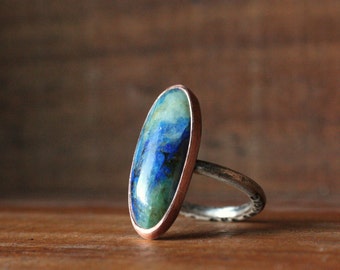 8.5 (8.75) gem silica gemstone ring | oxidized silver + raw copper bezel setting | OOAK metaphysical stone | blue patina older stock SALE