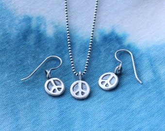 peace sign charm necklace +/ earrings set | .925 sterling silver oxidized 16" or 18"