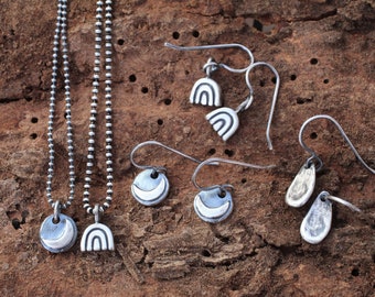sun moon charm | necklace +/ dangle earrings set | recycled oxidized sterling silver crescent
