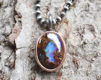 boulder opal gemstone necklace | recycled sterling silver + raw copper | open back two tone bezel setting | 20" bead chain | solid stone