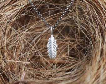 tiny feather charm necklace | sterling silver 16" or 18" oxidized rolo chain