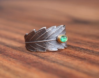 emerald cannabis leaf ring | size 6 | oxidized sterling silver + solid gold | oval cabochon stone | genuine + OOAK