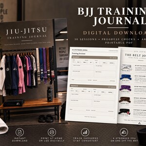 May include: A BJJ Training Journal digital download featuring printable PDF pages for tracking sessions and progress. The journal includes a belt journey guide with white, blue, purple, brown, and black belt descriptions, alongside a rack of martial arts uniforms.