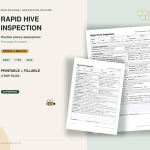 Pode incluir: Um registo profissional de apicultura intitulado Rapid Hive Inspection, incluindo dois formulários PDF A4 imprimíveis e preenchíveis. Os documentos contêm secções para avaliação da colónia, observações e estado de saúde.