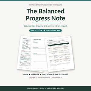 Puede incluir: Un documento digital titulado The Balanced Progress Note para terapeutas, psicólogos y consejeros. Incluye una licencia de práctica para hasta 15 clínicos, una guía, un libro de trabajo, un generador de políticas y una edición de práctica.
