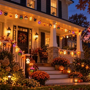 Pode incluir: Um cordão de luzes LED com tema de Halloween, apresentando abóboras, fantasmas, gatos e chapéus de bruxa em miniatura, pendurado na varanda de uma casa, iluminado em tons quentes de laranja, roxo e branco durante o crepúsculo.