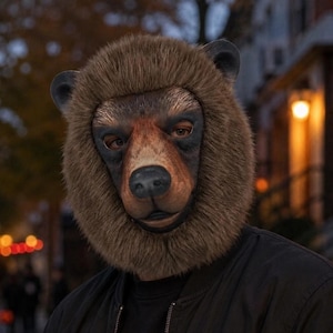 Può includere: Una maschera da orso realistica con pelliccia sintetica marrone lungo il perimetro, un muso modellato e aperture scure per gli occhi. La maschera è indossata sopra una giacca nera con cerniera. Il design riproduce i tratti di un orso.