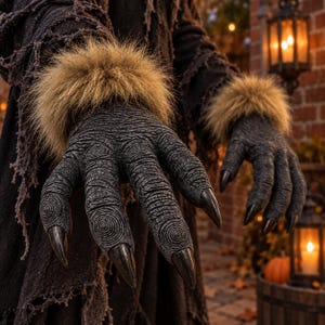 Könnte beinhalten: Ein Paar schwarze Kreaturenhandschuhe mit einer strukturierten, rindenartigen Oberfläche, konzentrischen Kreismustern auf den Fingern und spitzen, schwarzen Krallen an den Enden. Die Handgelenke sind mit dickem, beigefarbenem Kunstfell besetzt.