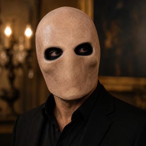May include: A full-face mask with a smooth, beige, skin-toned surface featuring two large, dark, hollowed-out eye sockets. The mask covers the entire face, including the nose and mouth area, and is worn over a solid black collared shirt or jacket.