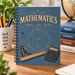 May include: A blue spiral-bound notebook with the title MATHEMATICS NUMBERS LOGIC PATTERNS. The cover features a geometric triangle diagram, the pi symbol, a metal compass, a ruler with centimeter markings, and a digital calculator.