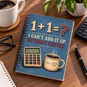 May include: A spiral-bound notebook with a blue cover featuring the text 1+1=?, I CAN'T ADD IT UP WITHOUT COFFEE. The design includes a calculator displaying NEED COFFEE and a coffee mug with the text Coffee = Energy Time.