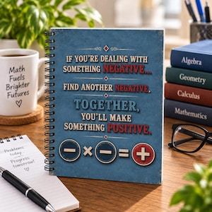 May include: A spiral-bound notebook with a blue cover featuring the text: If you're dealing with something negative, find another negative. Together, you'll make something positive. Below the text are three circular icons showing a minus sign, a multiplication sign, and a plus sign.