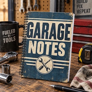 May include: A spiral-bound notebook with a distressed blue and cream cover featuring the text "GARAGE NOTES" in large bold letters and a circular graphic containing a crossed wrench and screwdriver icon centered on the front cover.