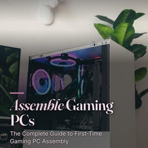 Könnte beinhalten: Ein Buchcover mit dem Titel Assemble Gaming PCs: The Complete Guide to First-Time Gaming PC Assembly von Luka Novak, das ein weißes Computergehäuse mit internen Komponenten zeigt, die von violetten und blauen LEDs beleuchtet werden.