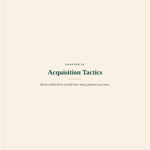 May include: A page from the Patreon Growth Manual with a cream background and thin border. The text reads: CHAPTER 02, Acquisition Tactics, Tactics tailored to exactly how many patrons you have, and at the bottom, PATREON GROWTH MANUAL &copy; 2024 Spilled Ink.