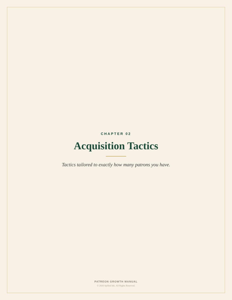 May include: A page from the Patreon Growth Manual with a cream background and thin border. The text reads: CHAPTER 02, Acquisition Tactics, Tactics tailored to exactly how many patrons you have, and at the bottom, PATREON GROWTH MANUAL &copy; 2024 Spilled Ink.