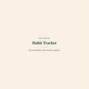 May include: A cream-coloured page titled SECTION 04 Habit Tracker in dark green text. Below the title, the text reads Up to ten habits, a full month at a glance. At the bottom, the text reads THE WEEKLY RESET and 2024 Spilled Ink. All Rights Reserved.