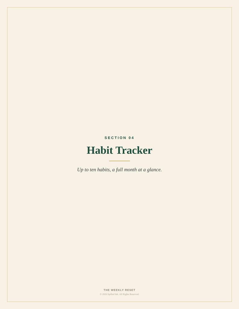 May include: A cream-coloured page titled SECTION 04 Habit Tracker in dark green text. Below the title, the text reads Up to ten habits, a full month at a glance. At the bottom, the text reads THE WEEKLY RESET and 2024 Spilled Ink. All Rights Reserved.