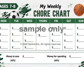Pode incluir: Um quadro de tarefas semanal para idades de 7-8 anos com gráficos de futebol e basquete. A grade inclui colunas de segunda a domingo com sinais de dólar e linhas, além de seções para dinheiro para poupar e dinheiro para gastar.