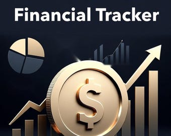 Pode incluir: Um gráfico digital para um Small Business Financial Tracker Complete Edition. O design apresenta uma grande moeda de dólar dourada, um gráfico de pizza e gráficos de barras e linhas ascendentes num fundo escuro. Texto 2026 Spilled Ink.