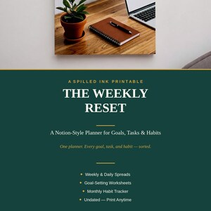 May include: A digital planner document titled The Weekly Reset by A Spilled Ink Printable. The dark green page features white text listing features like weekly and daily spreads, goal-setting worksheets, a monthly habit tracker, and undated pages.