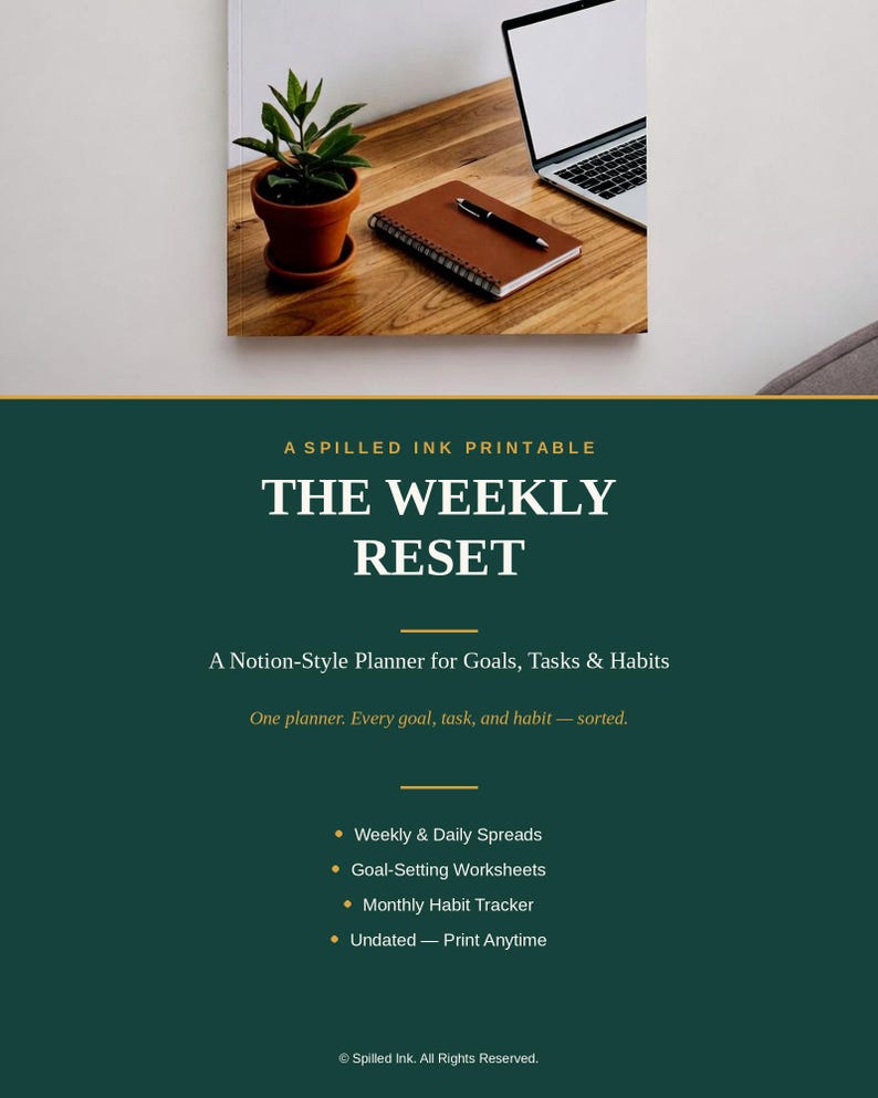 May include: A digital planner document titled The Weekly Reset by A Spilled Ink Printable. The dark green page features white text listing features like weekly and daily spreads, goal-setting worksheets, a monthly habit tracker, and undated pages.