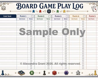 Pode incluir: Uma folha retangular de registro de jogos de tabuleiro com o texto "BOARD GAME PLAY LOG" no topo. A grade inclui colunas para nome do jogo, data e vencedor para cinco jogadores. A borda apresenta ilustrações de dados, peões e cartas.