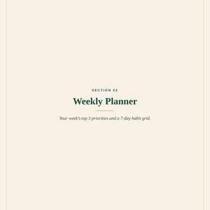 May include: A cream-coloured planner page titled SECTION 02 Weekly Planner. The text reads: Your week's top 3 priorities and a 7-day habit grid. At the bottom, it says THE WEEKLY RESET and 2024 Spilled Ink. All Rights Reserved.